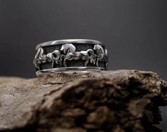 スターリングシルバーの馬の結婚指輪、男性用ランニングホースバンド