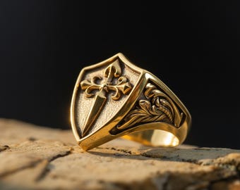 Handmade Sterling Silver Medieval Shield Ring, Fleur De Lis Sword