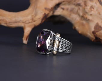 Natural Amethyst Men Ring, Engraved Signet Gemstone Ring, Elegant Men&#39;s Ring, Amethyst Jewelry, Men Statement Ring, Ottoman Ring