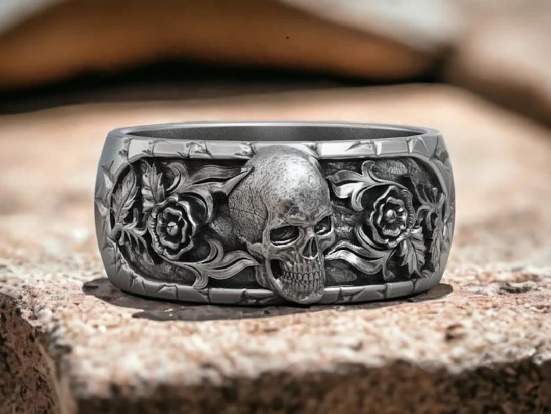 Skull And Roses Rings Skull and Roses Sterling Silver Ring: Gothic Biker Jewelry - Etsy