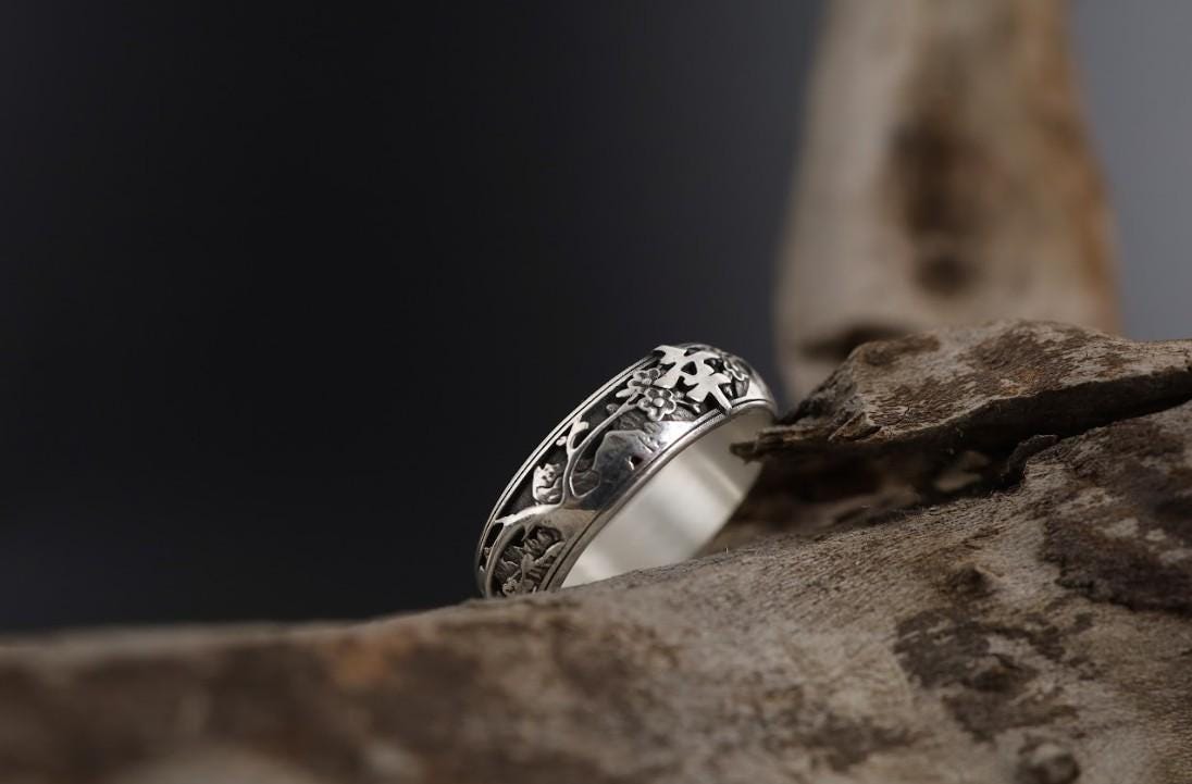 Sterling Silver Japanese Happiness Ring: Engraved Floral Band - Etsy