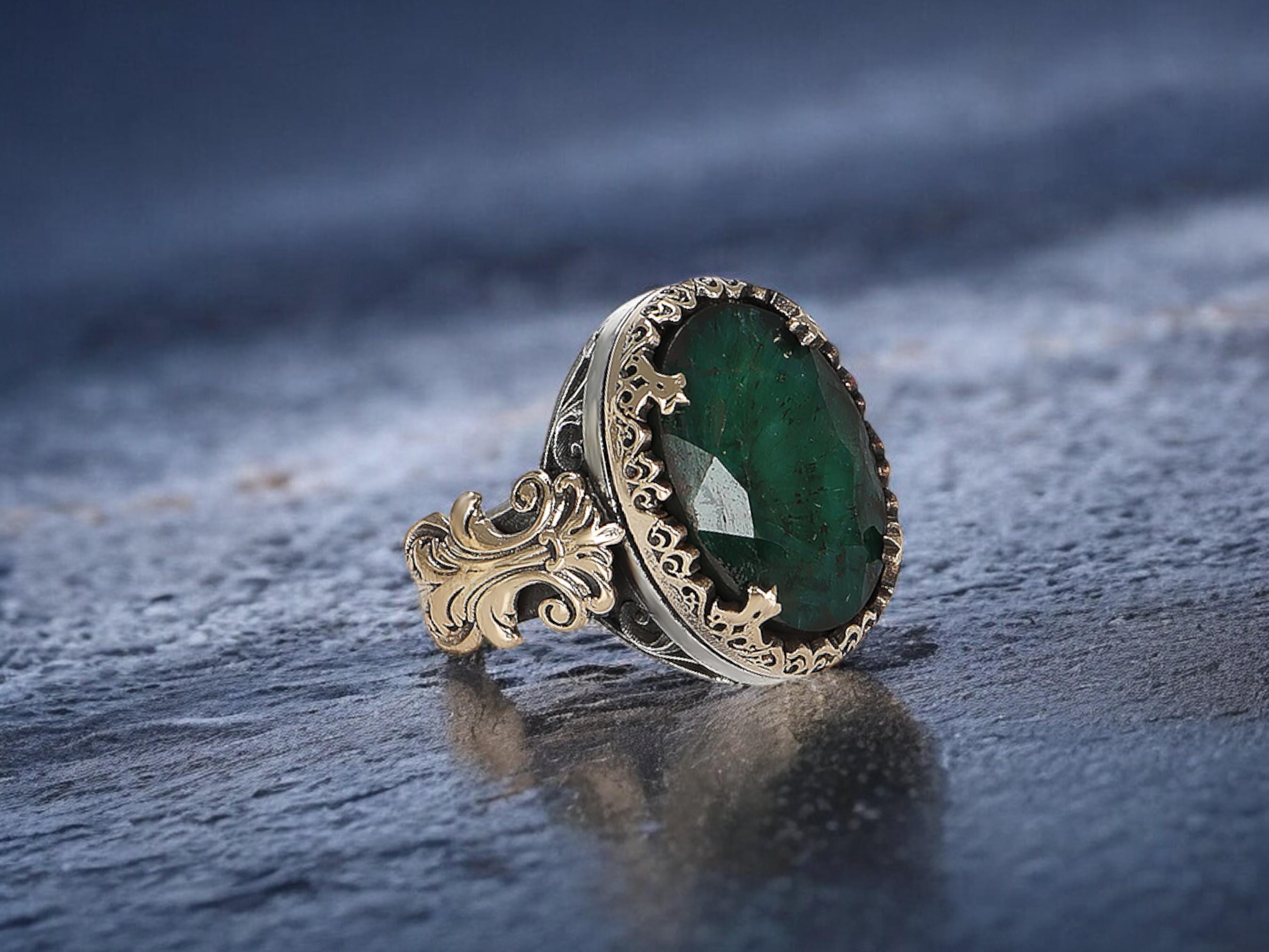 925K Sterling Silver Men's Emerald Ring, Green Gemstone Ottoman Style Ring, Large Stone Ring Men, Emerald Jewelry Gift for Him