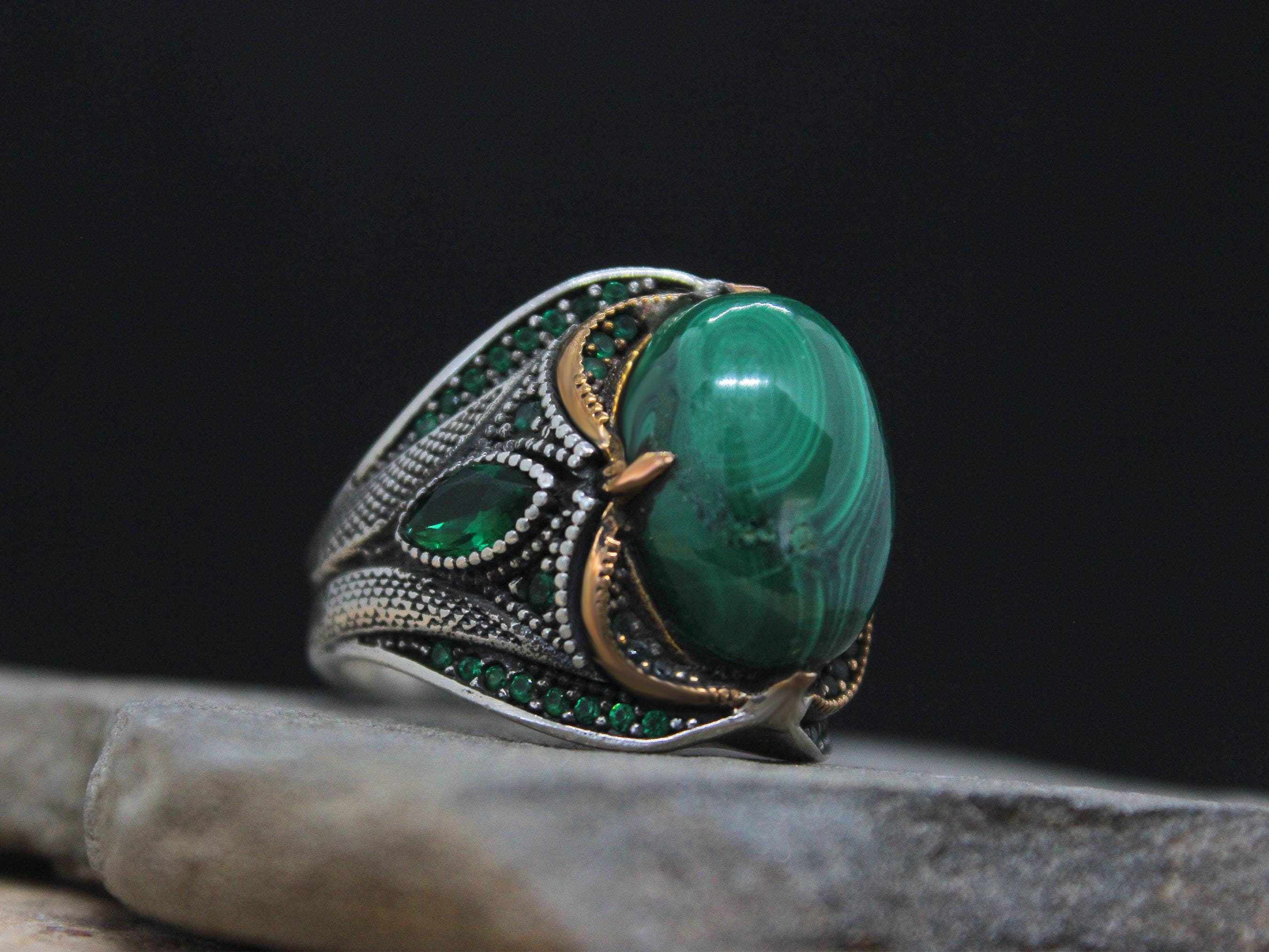 Bague Vintage Femme Argent 835 - Malachite Verte Cabochon - Taille 54 (17.2mm)