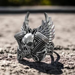 Skull Head With Engine Ring, Large Skull Wings Ring, Biker