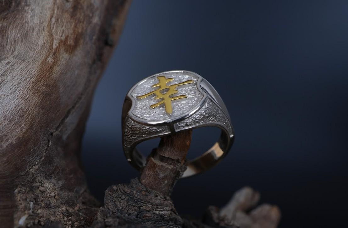 Sterling Silver Happiness Symbol Ring: Japanese Signet Ring