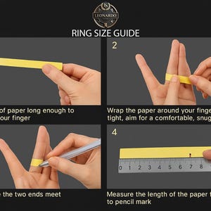 Puede incluir: Gu&iacute;a de tallas de anillos con cuatro pasos. Una tira de papel amarilla se envuelve alrededor de un dedo, se marca y se mide con una regla. Incluye instrucciones de texto y un logotipo.