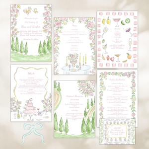 May include: A collection of watercolor wedding stationery featuring floral and landscape illustrations. The set includes invitations, menus, and RSVP cards, all with a soft pink and green color palette. The designs have a delicate, hand-painted aesthetic.