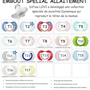 May include: A collection of seventeen pacifiers labeled T1 through T17, displayed in a grid. Each pacifier features a shield with ventilation holes and a nipple. The text includes 'EMBOUT SPECIAL ALLAITEMENT' and descriptions of the product features.