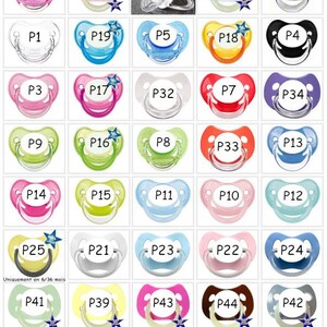 May include: A grid of thirty-one pacifiers in various colors including pink, blue, green, yellow, black, and clear. Each pacifier is labeled with a code like P1 through P44. Some pacifiers feature a blue star icon indicating they glow in the dark.