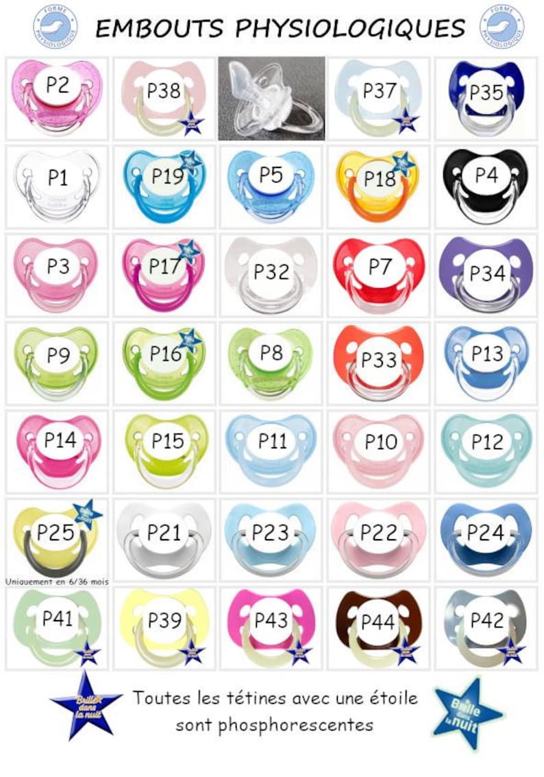 May include: A grid of thirty-one pacifiers in various colors including pink, blue, green, yellow, black, and clear. Each pacifier is labeled with a code like P1 through P44. Some pacifiers feature a blue star icon indicating they glow in the dark.