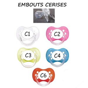 May include: An assortment of baby pacifiers in various colors, including clear, pink, green, blue, and orange. Each pacifier is labeled with a letter and number combination. The text "EMBOUTS CERISES" is at the top of the image.