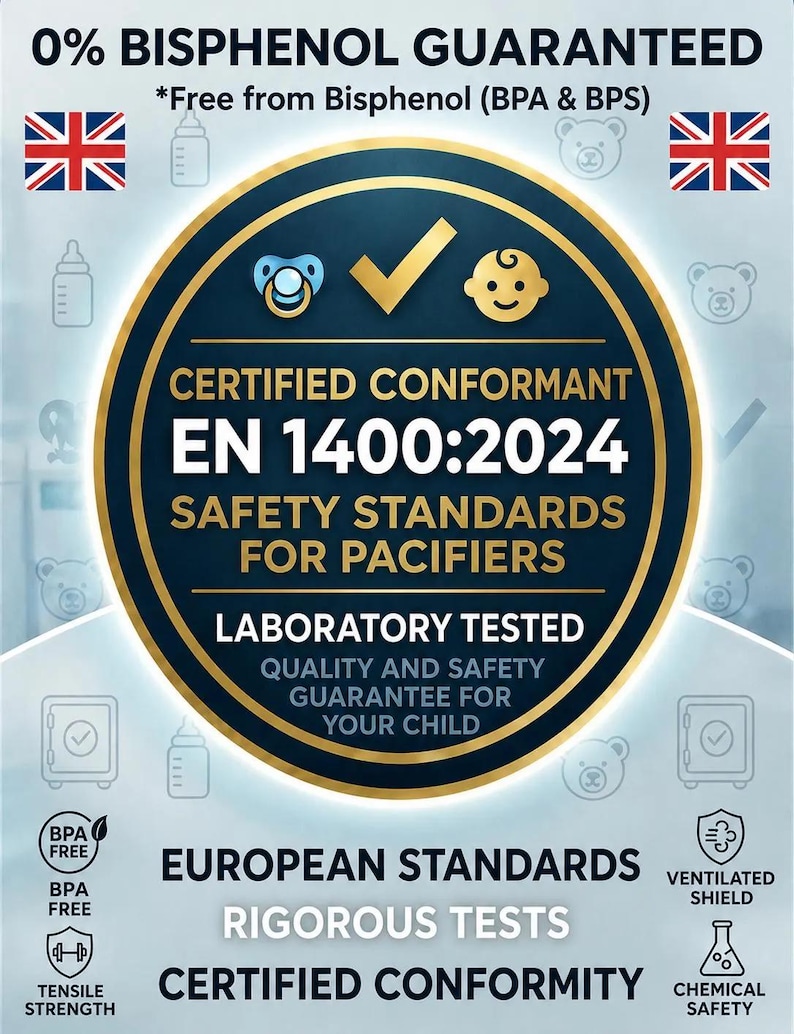 May include: A circular certification badge featuring a dark blue center with gold trim. Text reads 0% BISPHENOL GUARANTEED, CERTIFIED CONFORMANT EN 1400:2024 SAFETY STANDARDS FOR PACIFIERS, LABORATORY TESTED, and EUROPEAN STANDARDS RIGOROUS TESTS.