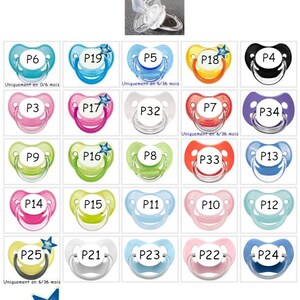 May include: A collection of colorful pacifiers in various shades, including blue, pink, green, and yellow. Each pacifier is labeled with a number and some have star accents. The text "EMBOUTS PHYSIOLOGIQUES" is at the top.