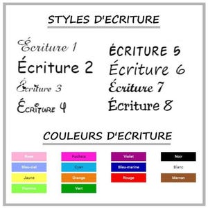 May include: A white graphic with the text "STYLES D'ECRITURE" and "COULEURS D'ECRITURE". Below are examples of writing styles and color swatches labeled in French, including Rose, Fuchsia, Violet, and Noir.