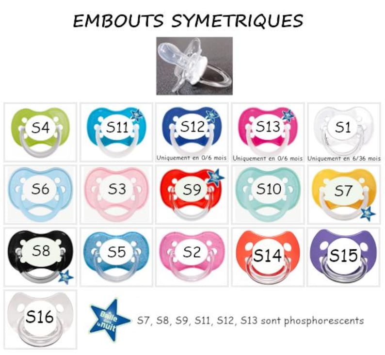 May include: A collection of symmetrical baby pacifiers in various colors, including green, blue, pink, red, yellow, and purple. Each pacifier has a different number and a star. Some glow in the dark.