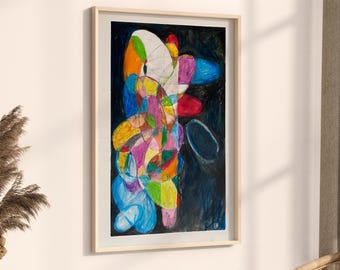 Peut inclure: Peinture abstraite avec une forme organique colorée sur un fond bleu foncé. La forme est composée de cercles, de lignes et de volutes de différentes couleurs, notamment le rouge, le jaune, le vert, le bleu et le violet.