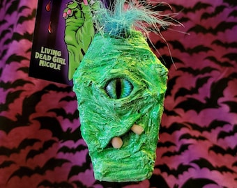 Limited Edition Moffin Ornament | Monster Cyclops Coffin Hanging Handmade Art Green Blue Earth