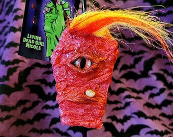 Limited Edition Moffin Ornament | Monster Cyclops Coffin Hanging Handmade Art Red Yellow Fire