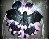 Hair Barrette: Dead Girl Decay - Lily Munster Lavendar Black Green Bat Flower Feather Burlesque Gothic Psychobilly Pinup Handmade Accessory
