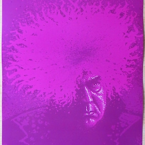 May include: A close-up of a magenta poster featuring a black and white image of a man's face. The man has a large, spiky, white afro. The background is a solid magenta colour with a splatter effect.