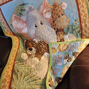Safari Jungle Friends Reversible Quilt with matching cloth book, baby blanket, infant playmat, baby shower gift.