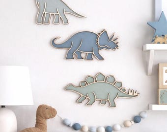 Dinosaur Wall Decor Set of 3 | Nursery Wall Art | Wooden Dino Wall Plaques | Blue & Sage | Kids Room Decor | Dino Nursery