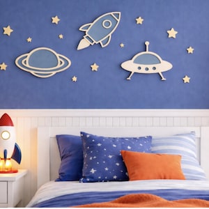 Space Wanddekoration 3er Set | Rocket Ship UFO Planeten-Wandrelief | Kinderzimmer Dekor