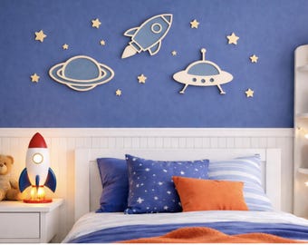 Space Wall Decor Set of 3 | Rocket Ship UFO Planet Wall Plaques | Kids Room Nursery Decor