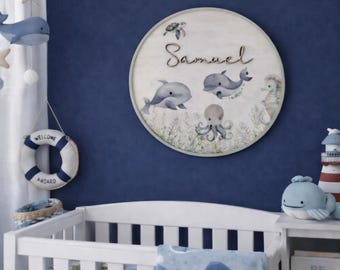 Personalized Ocean Nursery Plaque | Watercolor Sea Animals Wooden Name Sign