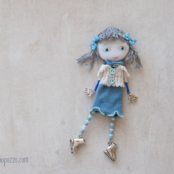 Let's Skate! Art Doll Brooch Little Skate Girl, mixed media collage