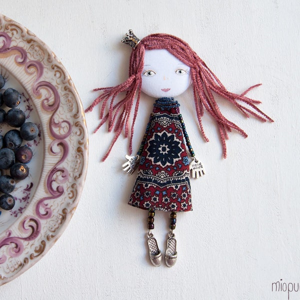 Young Princess, Art Doll Brooch Girl, mixed media collage, gift for her
