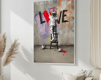 Lienzo con grafiti de amor: Niño con corona y corazón - Decoración urbana inspiradora