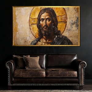 Byzantine Jesus Icon Canvas, Rustic Religious Wall Art, Christian Heritage Painting, Sacred Decor for Home or Church