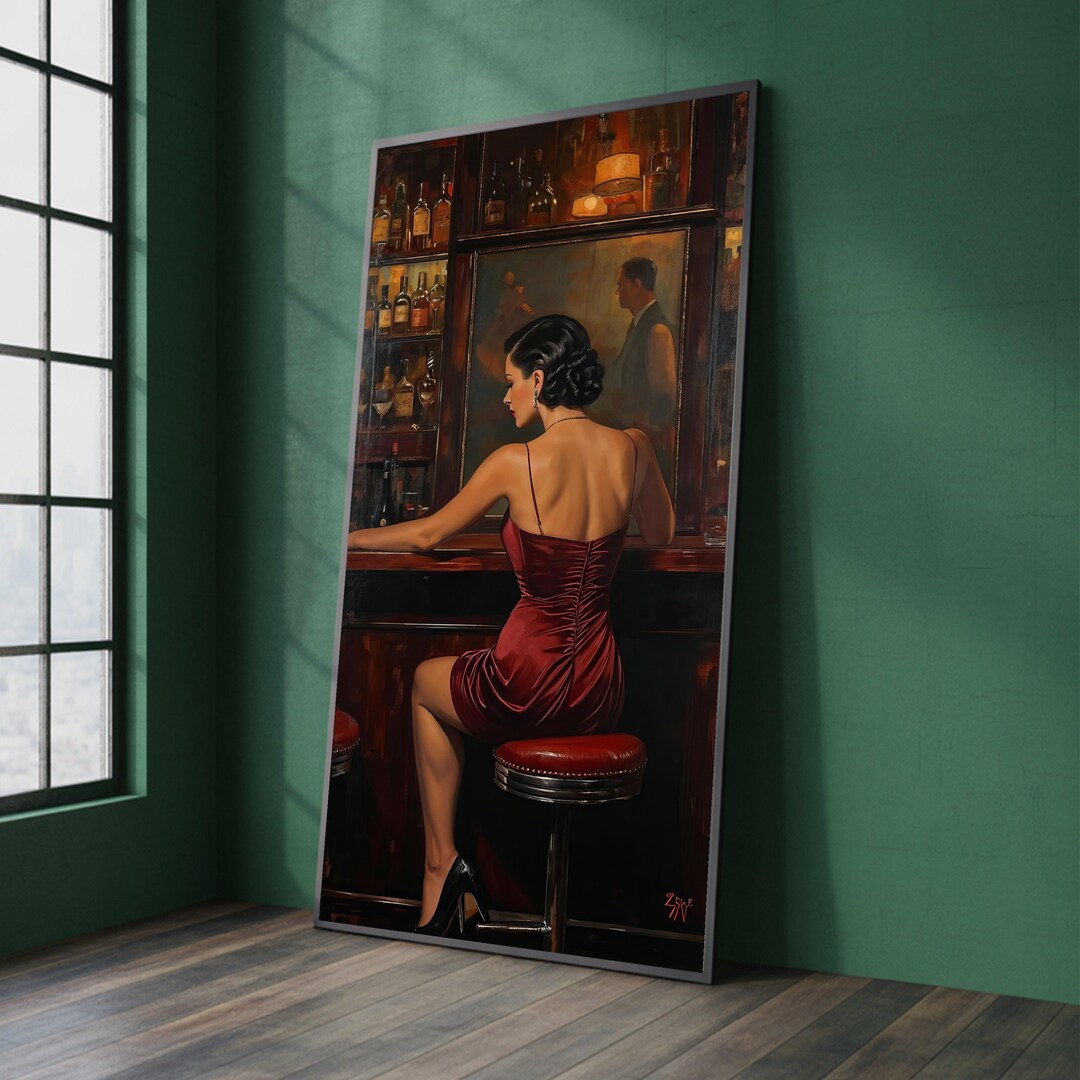 Vintage Glamour Woman in Red Dress Canvas, Retro Bar Scene Wall Art ...