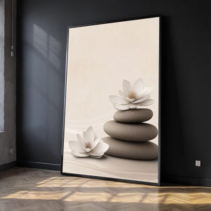 Lotus Flower Canvas Painting, Zen Wall Art With Stacked Stones, Minimalist Floral Canvas For Spa Decor, Tranquil Wall Artwork, Unique Gift