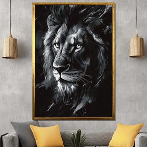 Black and White Lion Canvas Painting, Majestic Animal Wall Art, Modern Jungle King Decor, Lion Canvas, Wildlife Gift for Him