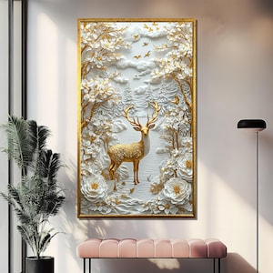 Golden Deer Canvas Painting, Floral Forest Animal Wall Art, Ready to Hang Elegant Nature Decor, Luxury Gift, Boho Home Decor