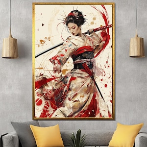 Dipinto su tela raffigurante una donna samurai - Arte murale raffigurante un guerriero giapponese - Decorazione asiatica audace per la casa - Regalo unico per il soggiorno