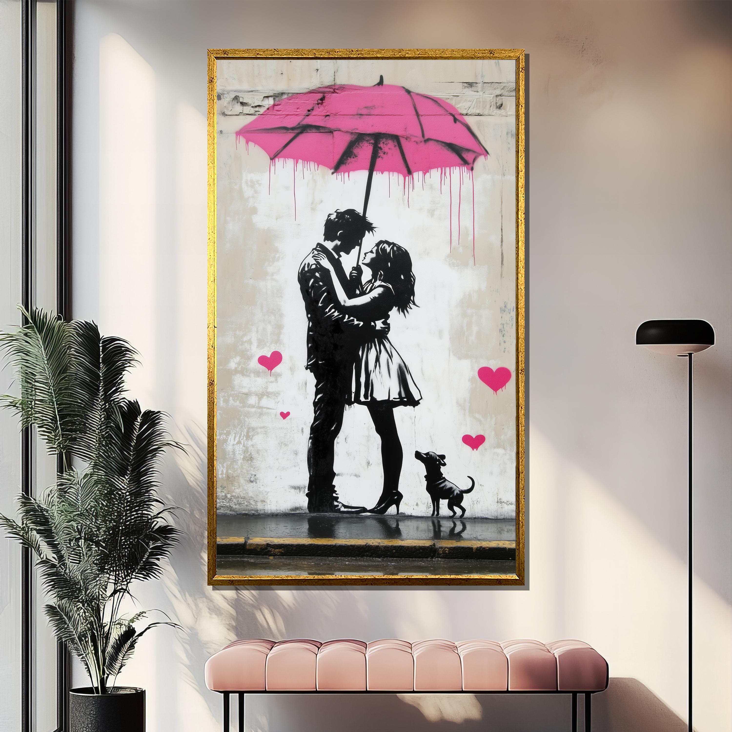 Pintura en lienzo de pareja romántica de Banksy, grafiti abstracto, arte callejero moderno, regalo de amor único, decoración de pared con paraguas rosa