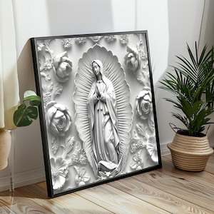 Arte en lienzo en relieve de Nuestra Señora de Guadalupe - Decoración devocional mariana monocromática / Arte religioso elegante para pared / Arte católico enmarcado listo para colgar