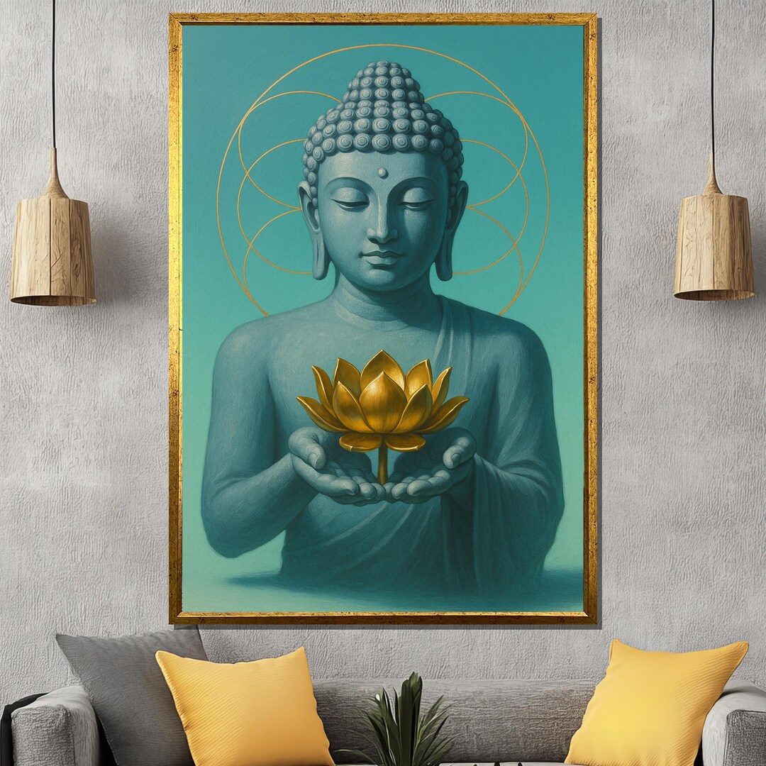 Zen Buddha Canvas Painting With Golden Lotus | Tranquil Spiritual Wall ...