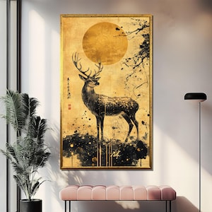 Golden Deer Canvas Painting, Abstract Wall Art, Modern Home Decor, Animal Artwork, Gift for Nature Lovers, Living Room Art
