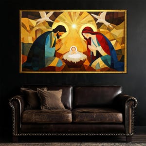 Nativity Scene Canvas Art, Modern Holy Family Painting, Christian Christmas Decor, Unique Religious Gift for Home