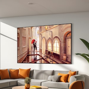 Under the Red Umbrella: A Romantic Stroll in a Rainy Alley - Elegant Canvas Painting for a Heartfelt Gift