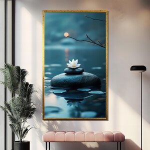 Zen Lotus Canvas Painting, Tranquil Water Art, Minimalist Nature Wall Decor, Large Spa Meditation Artwork, Serene Home Gift for Relaxation