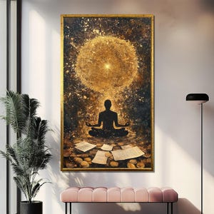 Golden Meditative Silhouette Canvas Painting, Zen Art Wall Decor, Spiritual Home Gift, Abstract Yoga Art for Meditation Space