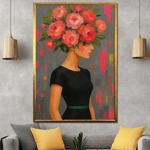 Florale Eleganz in voller Blüte – Blumenkopf Frau, Leinwand Gemälde, aufhängefertig, Geschenk für Sie, romantisches Blumenbild, moderne Kunst