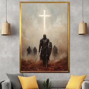 Crusader Army Canvas Painting, Christian Knight Wall Art with Glowing Cross, Medieval Warrior Decor, Religious Gift for Men of Faith