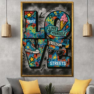 Arte de grafiti de amor colorido, tipografía callejera, impresión, estilo pop, citas inspiradoras, lienzo urbano, decoración de pared, declaración moderna