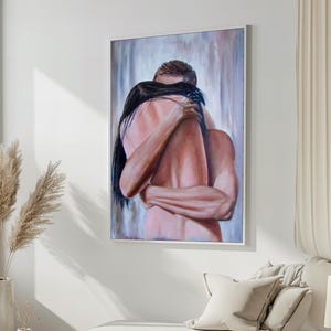 Deep Emotional Embrace: Love-Themed Canvas Painting Capturing an Intimate Couple in a Tender Hug, Perfect Gift